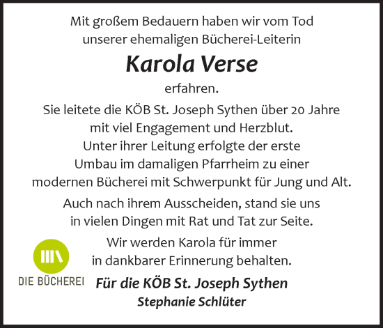 Traueranzeige von Karola Verse von Ruhr Nachrichten und Halterner Zeitung