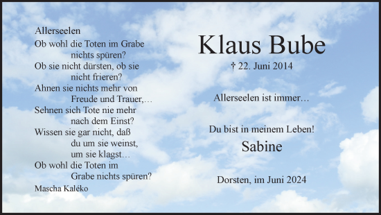 Traueranzeige von Klaus Bube von Ruhr Nachrichten und Dorstener Zeitung