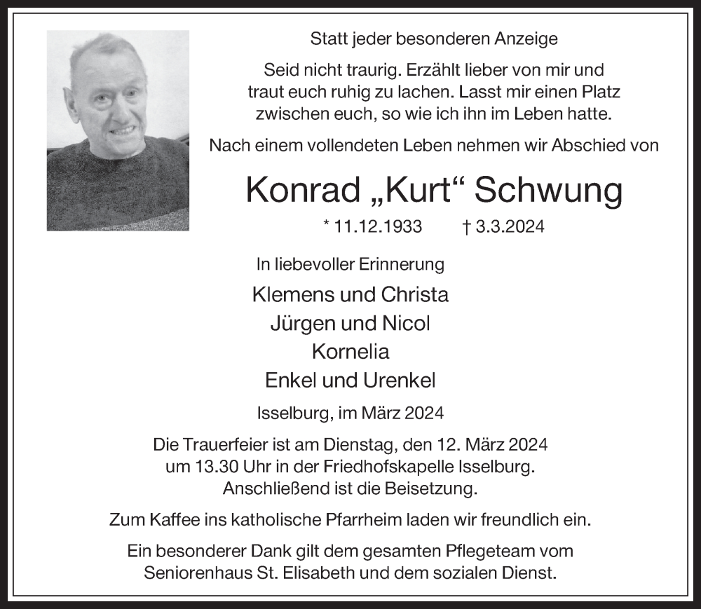  Traueranzeige für Konrad Schwung vom 07.03.2024 aus Bocholter-Borkener Volksblatt