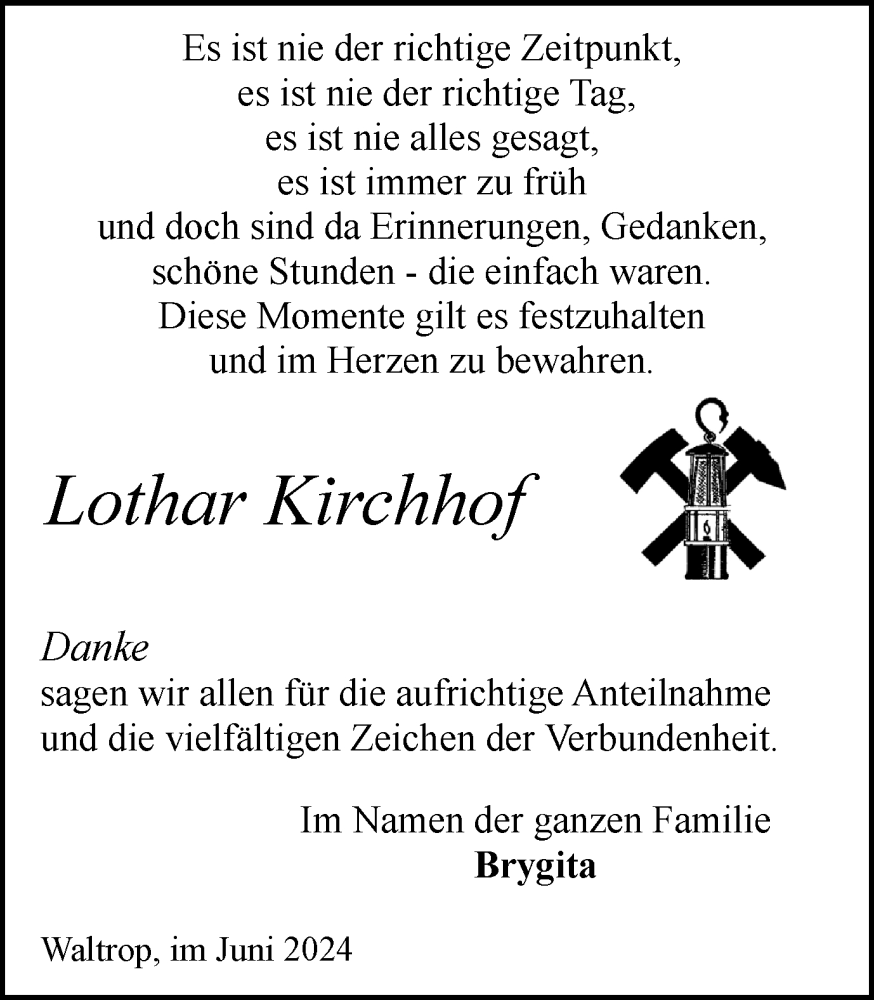  Traueranzeige für Lothar Kirchhof vom 08.06.2024 aus Medienhaus Bauer