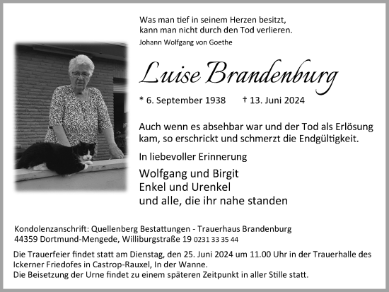 Traueranzeige von Luise Brandenburg von Ruhr Nachrichten