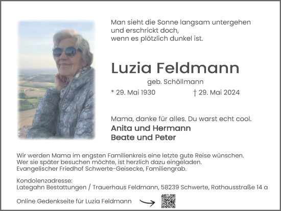 Traueranzeige von Luzia Feldmann von Ruhr Nachrichten
