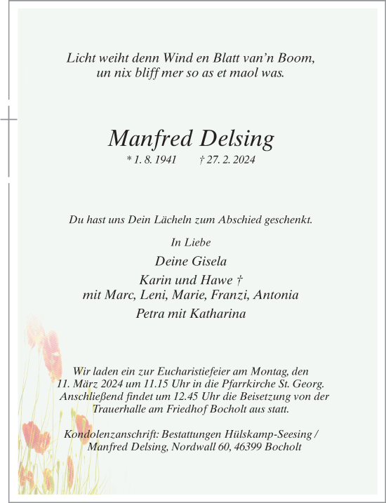 Traueranzeige von Manfred Delsing von Bocholter-Borkener Volksblatt