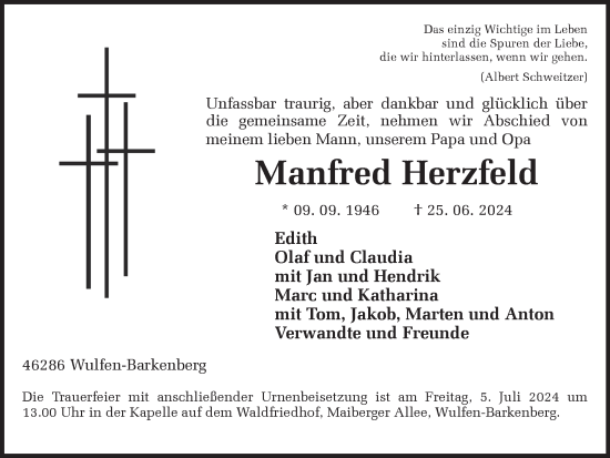 Traueranzeige von Manfred Herzfeld von Ruhr Nachrichten und Dorstener Zeitung