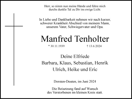 Traueranzeige von Manfred Tenholter von Ruhr Nachrichten und Dorstener Zeitung