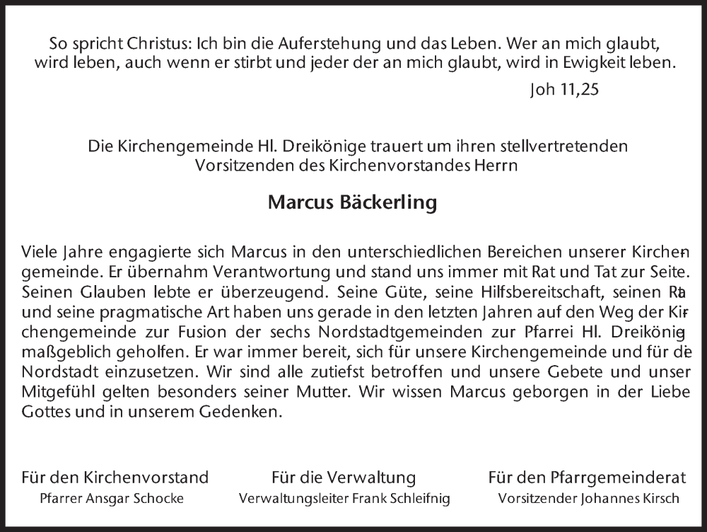 Traueranzeige für Marcus Bäckerling vom 22.06.2024 aus Ruhr Nachrichten