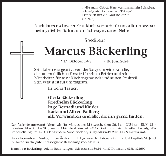 Traueranzeige von Marcus Bäckerling von Ruhr Nachrichten