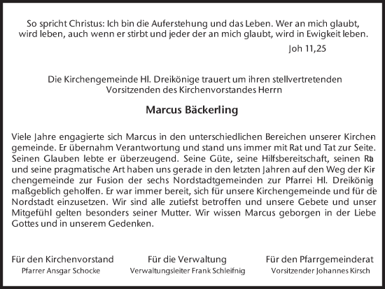 Traueranzeige von Marcus Bäckerling von Ruhr Nachrichten