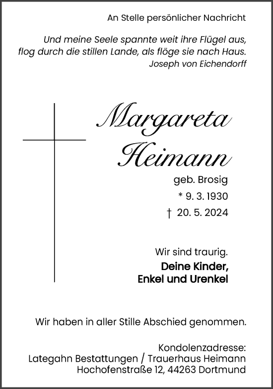 Traueranzeige von Margareta Heimann von Ruhr Nachrichten