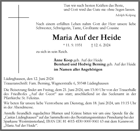 Traueranzeige von Maria  Auf der Heide von Ruhr Nachrichten und Halterner Zeitung