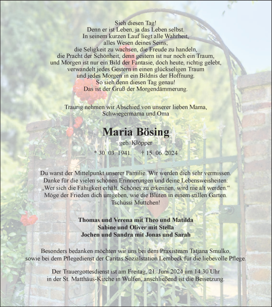 Traueranzeige von Maria Bösing von Ruhr Nachrichten und Dorstener Zeitung