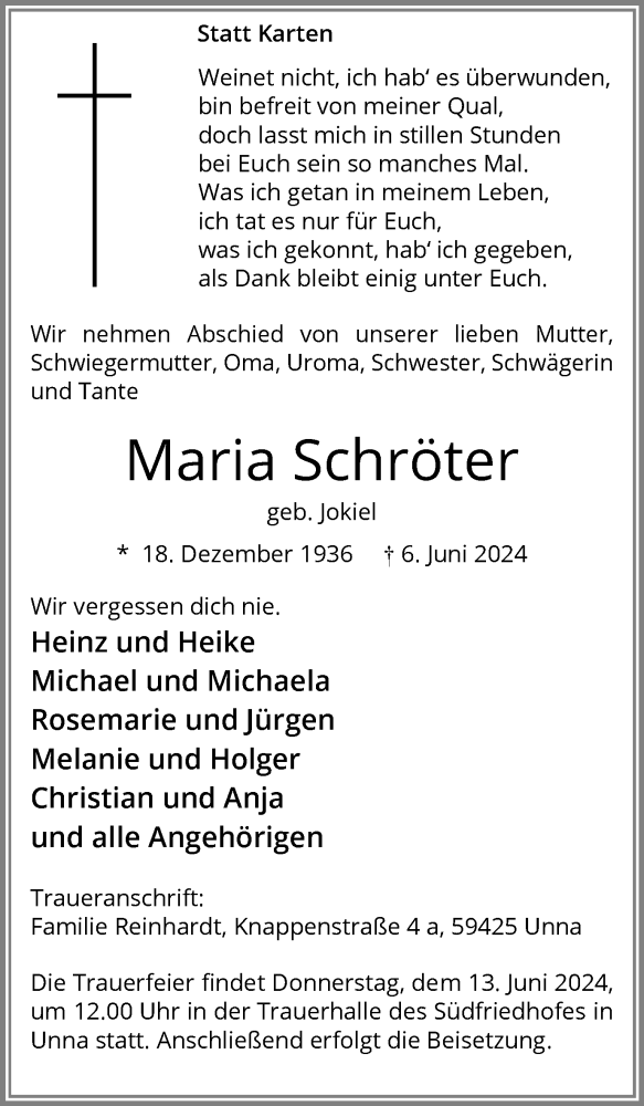  Traueranzeige für Maria Schröter vom 08.06.2024 aus Hellweger Anzeiger