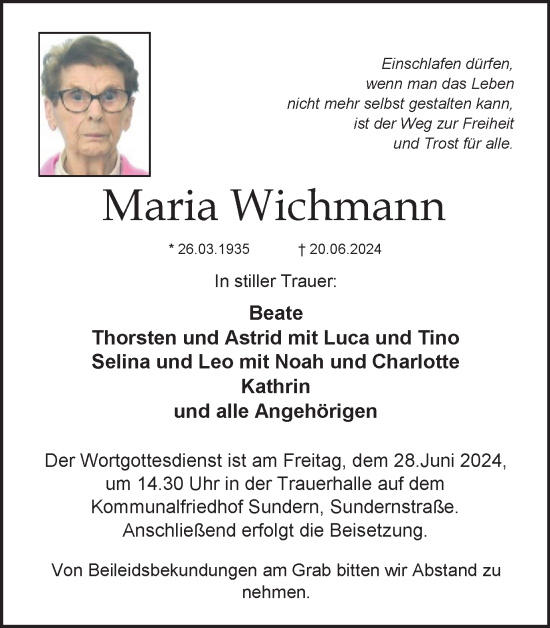 Traueranzeige von Maria Wichmann von Ruhr Nachrichten und Halterner Zeitung