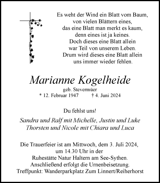 Traueranzeige von Marianne Kogelheide von Ruhr Nachrichten und Halterner Zeitung