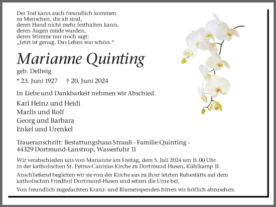 Traueranzeige von Marianne Quinting von Ruhr Nachrichten