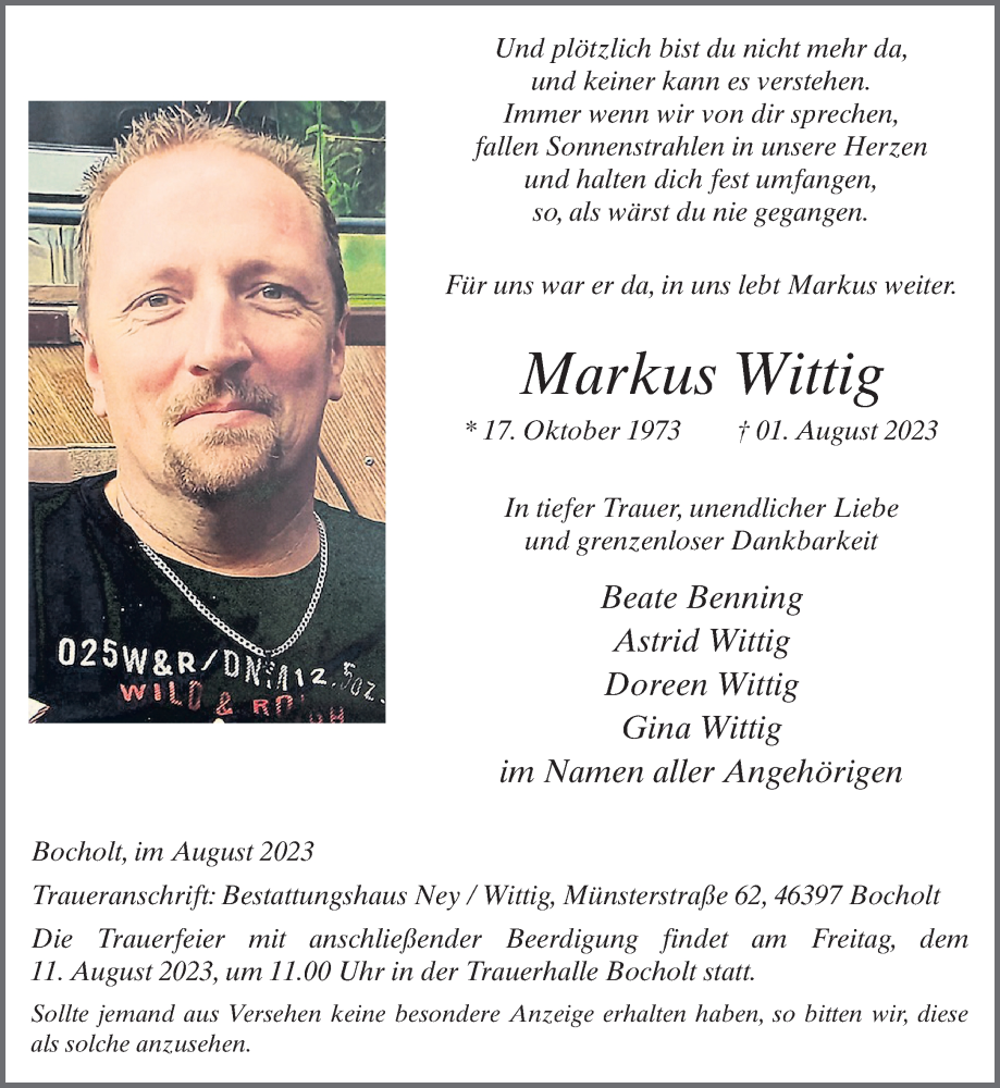  Traueranzeige für Markus Wittig vom 09.08.2023 aus Bocholter-Borkener Volksblatt