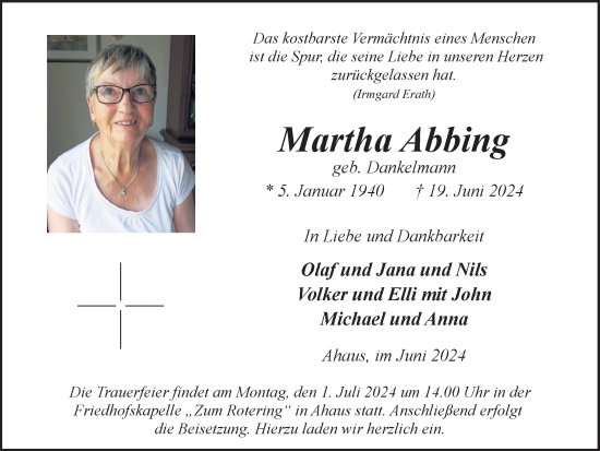 Traueranzeige von Martha Abbing von Münsterland Zeitung