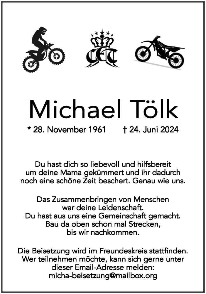  Traueranzeige für Michael Tölk vom 29.06.2024 aus Ruhr Nachrichten