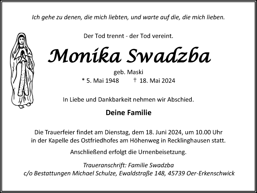  Traueranzeige für Monika Swadzba vom 08.06.2024 aus Medienhaus Bauer