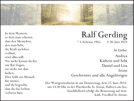 Traueranzeige von Ralf Gerding von Ruhr Nachrichten und Halterner Zeitung