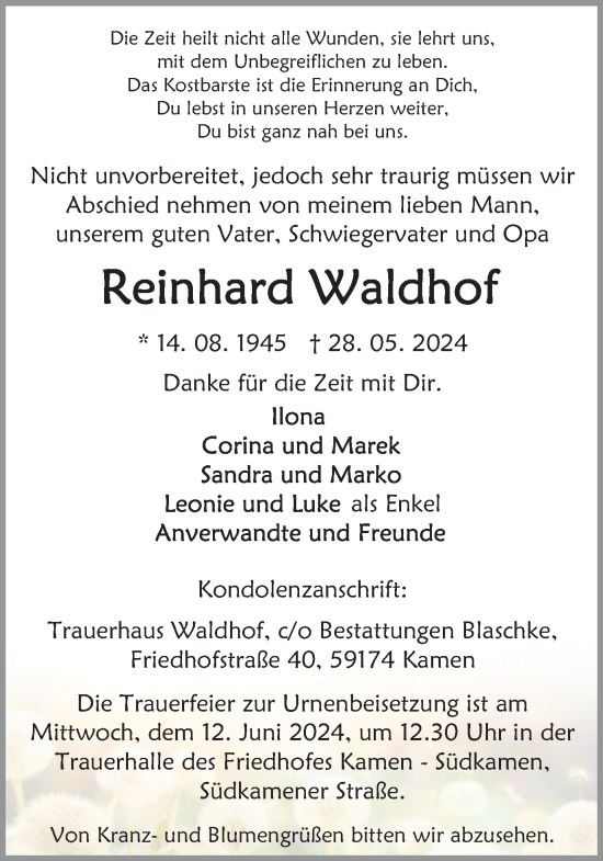 Traueranzeige von Reinhard Waldhof