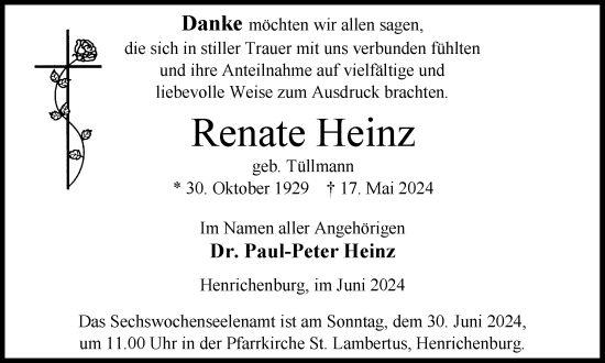 Traueranzeige von Renate Heinz von Stadtanzeiger Castrop-Rauxel