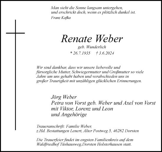 Traueranzeige von Renate Weber von Ruhr Nachrichten und Dorstener Zeitung