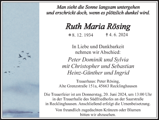 Traueranzeige von Ruth Maria Rösing von Medienhaus Bauer