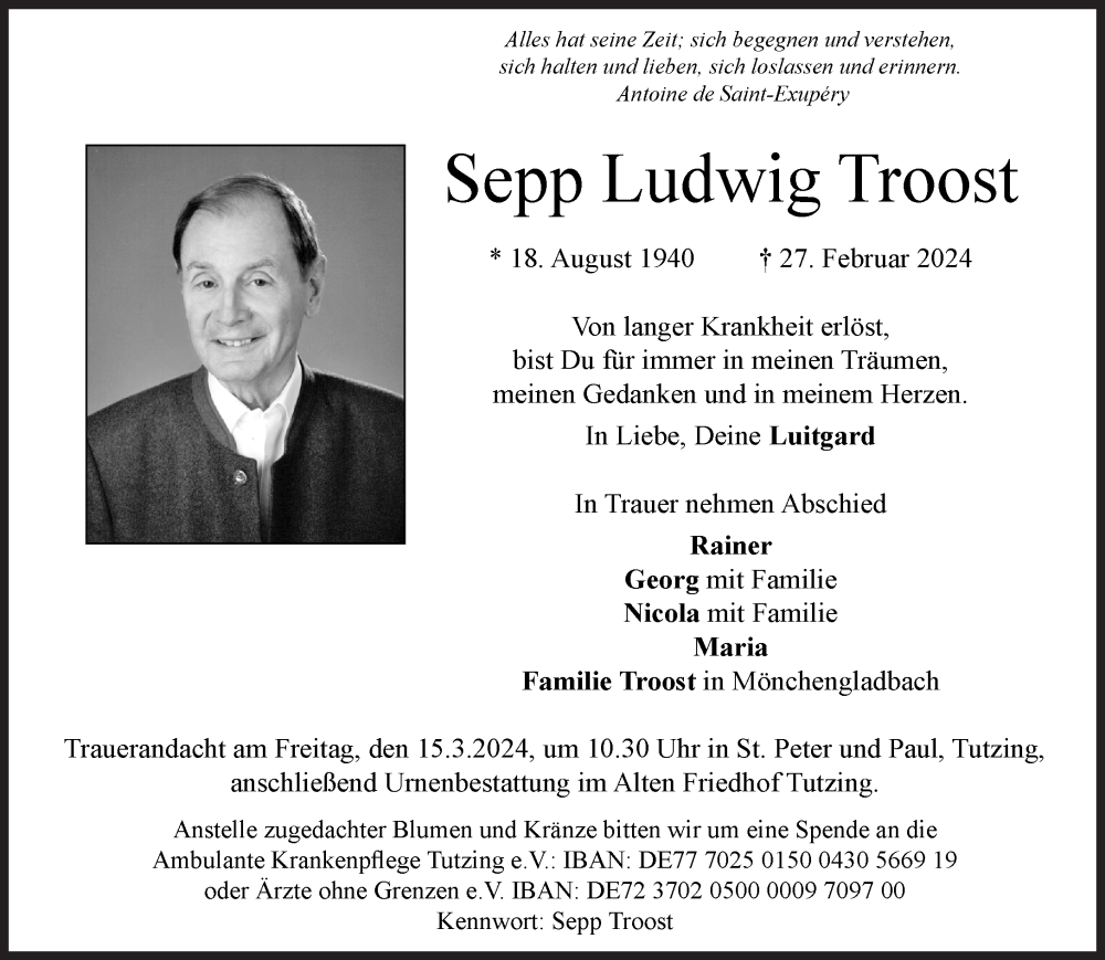  Traueranzeige für Sepp Ludwig Troost vom 02.03.2024 aus Bocholter-Borkener Volksblatt
