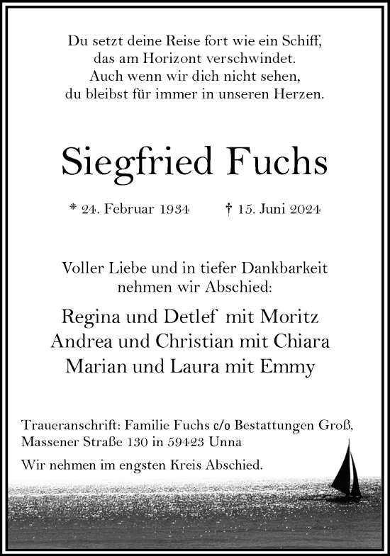Traueranzeige von Siegfried Fuchs von Hellweger Anzeiger