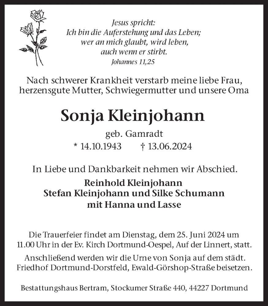  Traueranzeige für Sonja Kleinjohann vom 22.06.2024 aus Ruhr Nachrichten