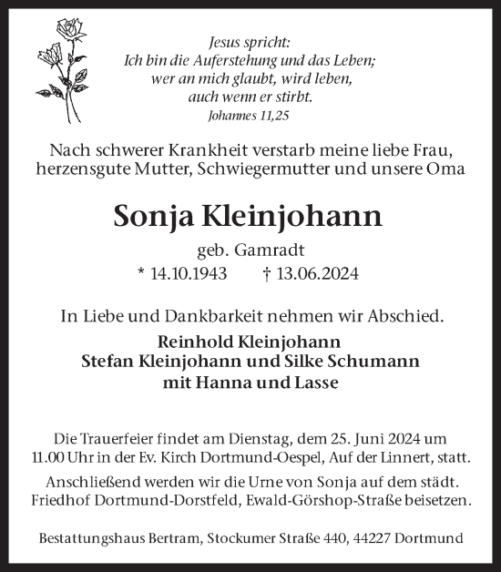 Traueranzeige von Sonja Kleinjohann von Ruhr Nachrichten