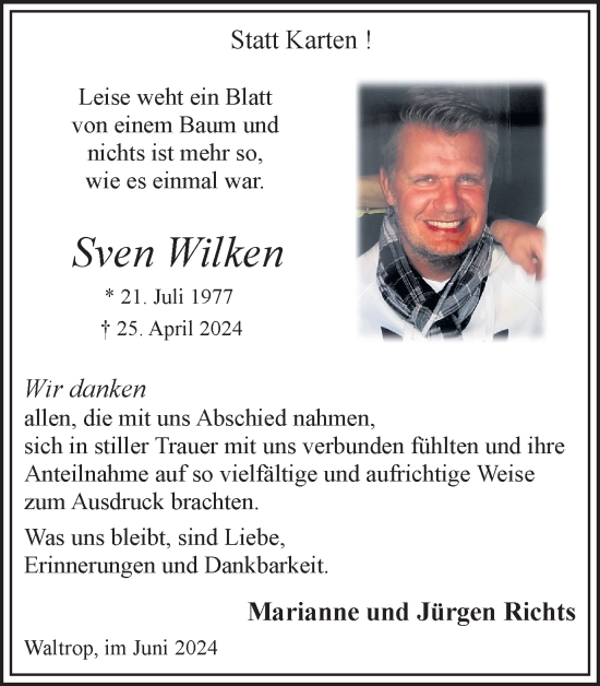 Traueranzeige von Sven Wilken von Medienhaus Bauer