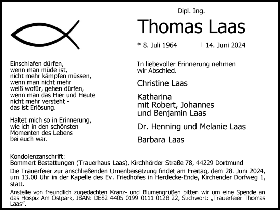 Traueranzeige von Thomas Laas von Ruhr Nachrichten