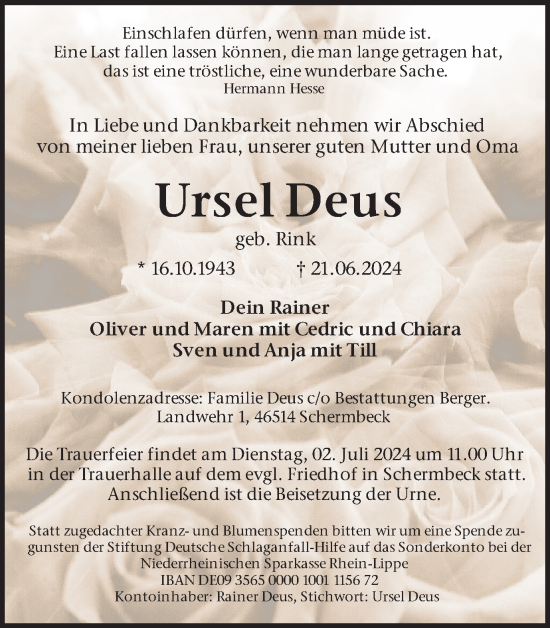 Traueranzeige von Ursel Deus von Ruhr Nachrichten und Dorstener Zeitung