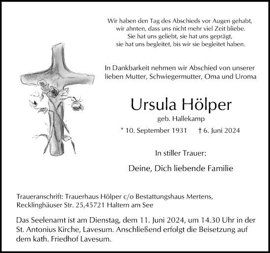 Traueranzeige von Ursula Hölper von Ruhr Nachrichten und Halterner Zeitung
