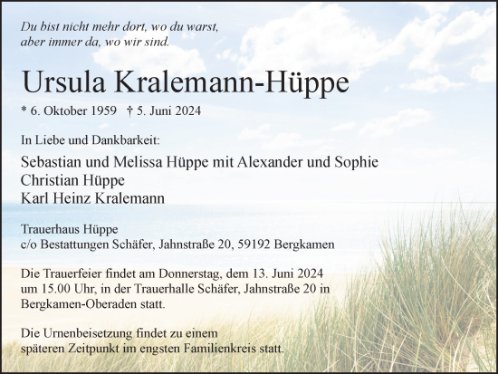 Traueranzeige von Ursula Kralemann-Hüppe von Hellweger Anzeiger