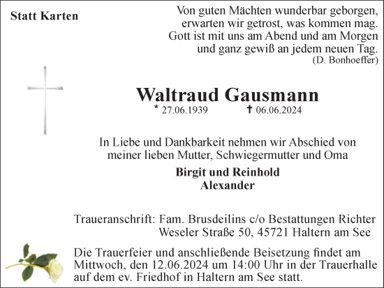 Traueranzeige von Waltraud Gausmann von Ruhr Nachrichten und Halterner Zeitung