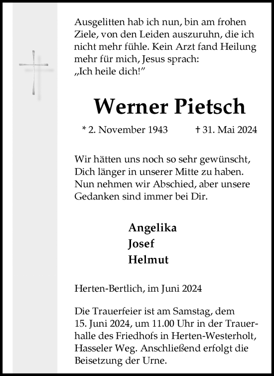 Traueranzeige von Werner Pietsch von Medienhaus Bauer
