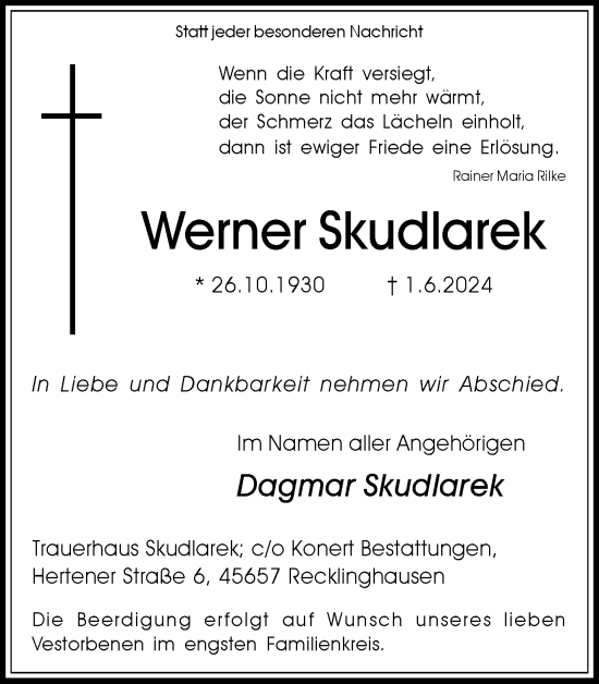 Traueranzeige von Werner Skudlarek von Medienhaus Bauer