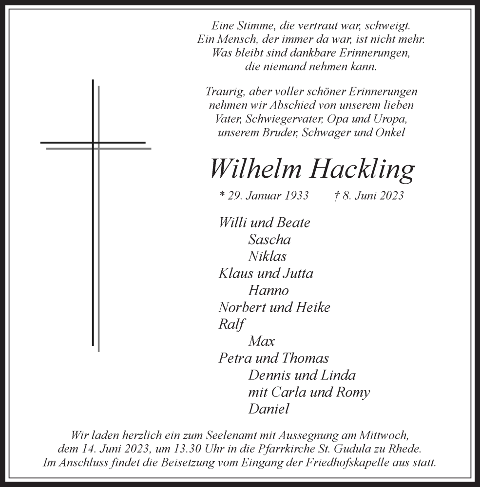  Traueranzeige für Wilhelm Hackling vom 10.06.2023 aus Bocholter-Borkener Volksblatt