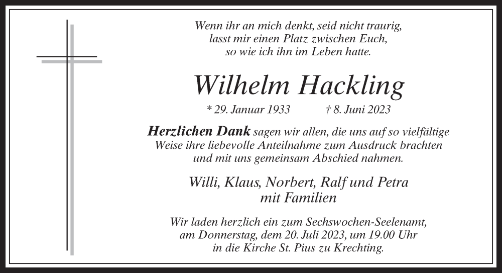  Traueranzeige für Wilhelm Hackling vom 17.07.2023 aus Bocholter-Borkener Volksblatt