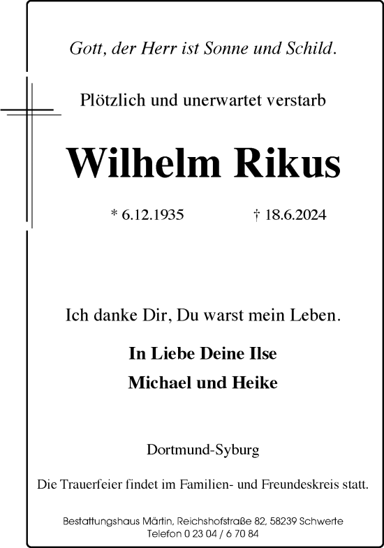 Traueranzeige von Wilhelm Rikus von Ruhr Nachrichten