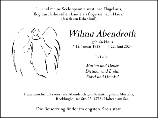 Traueranzeige von Wilma Abendroth von Ruhr Nachrichten und Halterner Zeitung