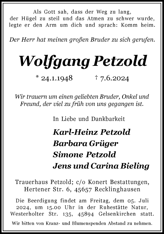 Traueranzeige von Wolfgang Petzold von Recklinghäuser Zeitung