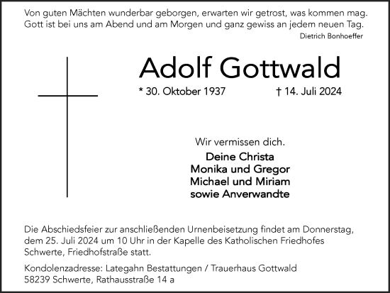 Traueranzeige von Adolf Gottwald von Ruhr Nachrichten