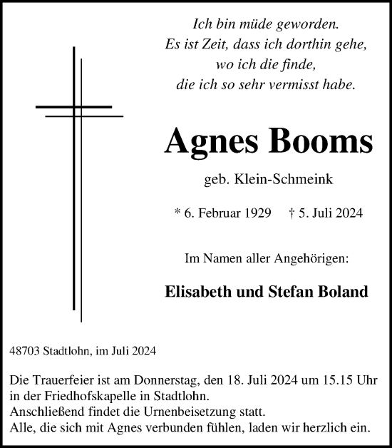 Traueranzeige von Agnes Booms von Münsterland Zeitung