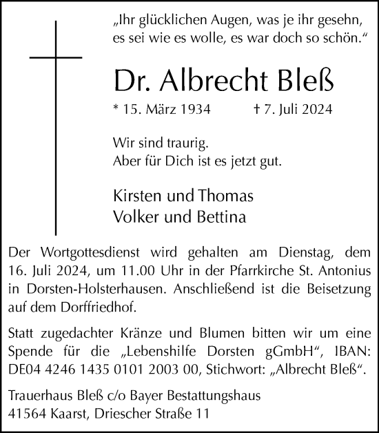 Traueranzeige von Albrecht Bleß von Ruhr Nachrichten und Dorstener Zeitung