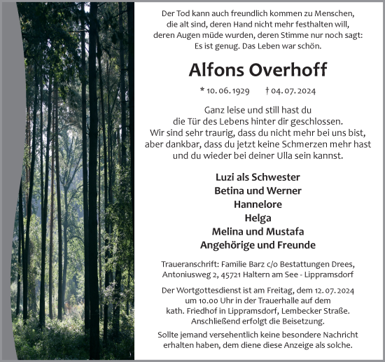 Traueranzeige von Alfons Overhoff von Ruhr Nachrichten und Halterner Zeitung