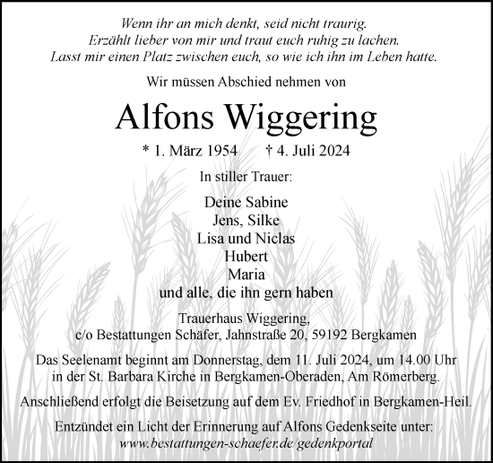 Traueranzeige von Alfons Wiggering von Hellweger Anzeiger